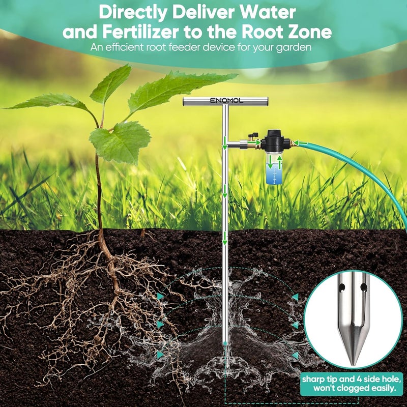 enomol Stainless Steel Deep Root Tree Watering Tool,Root Feeder with Fertilizer Bottle Watering Wand Irrigation System Watering Stake,for Trees Bushes Shrubs Fruit Trees with Brass Valve T-Handle - Image 2